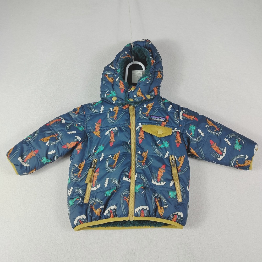 Patagonia Infant Hooded Jacket 6-12M Surf Fish Print Blue Warm Fleece Lined